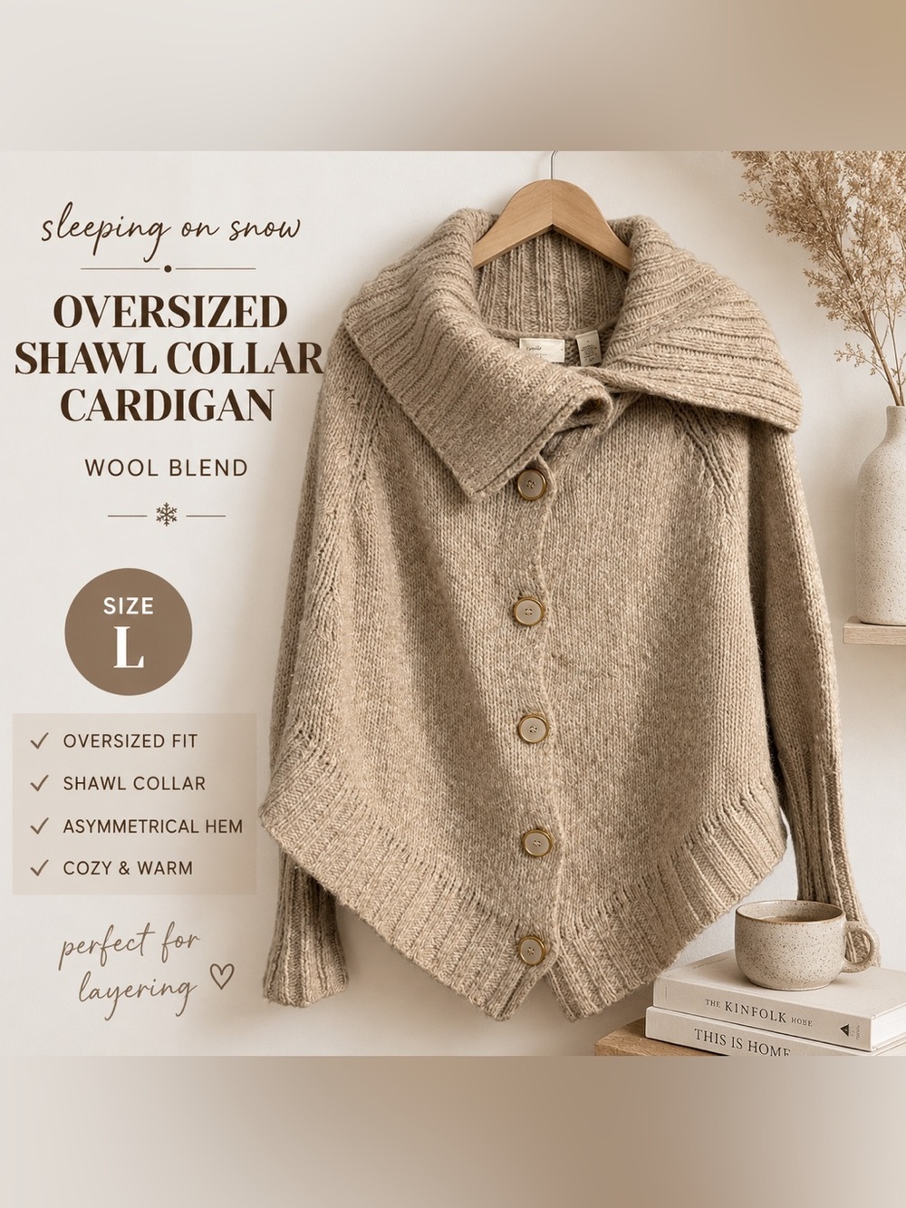 Sleeping on Snow Wool Blend Oversized Shawl Collar Cardigan Sweater Large Beige